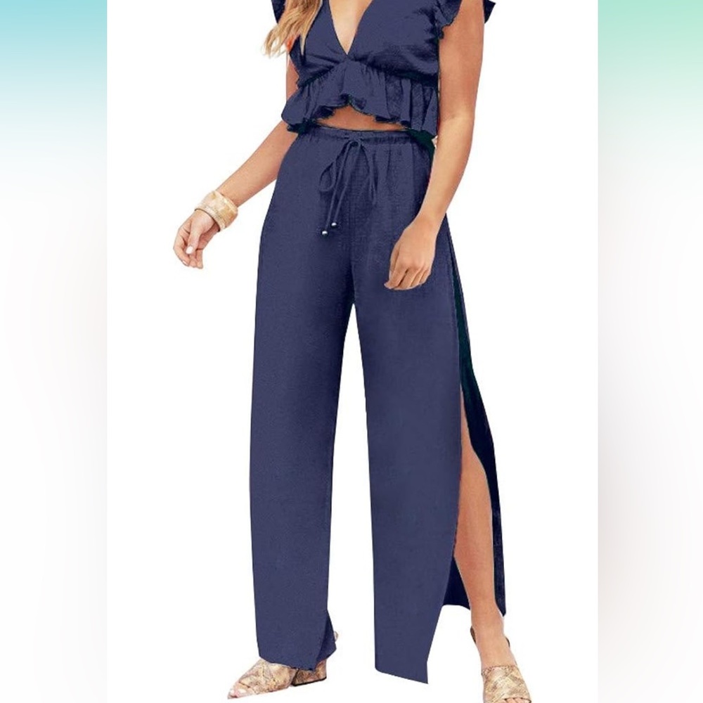 2 piece linen outfit deep v crop top with pant Navy